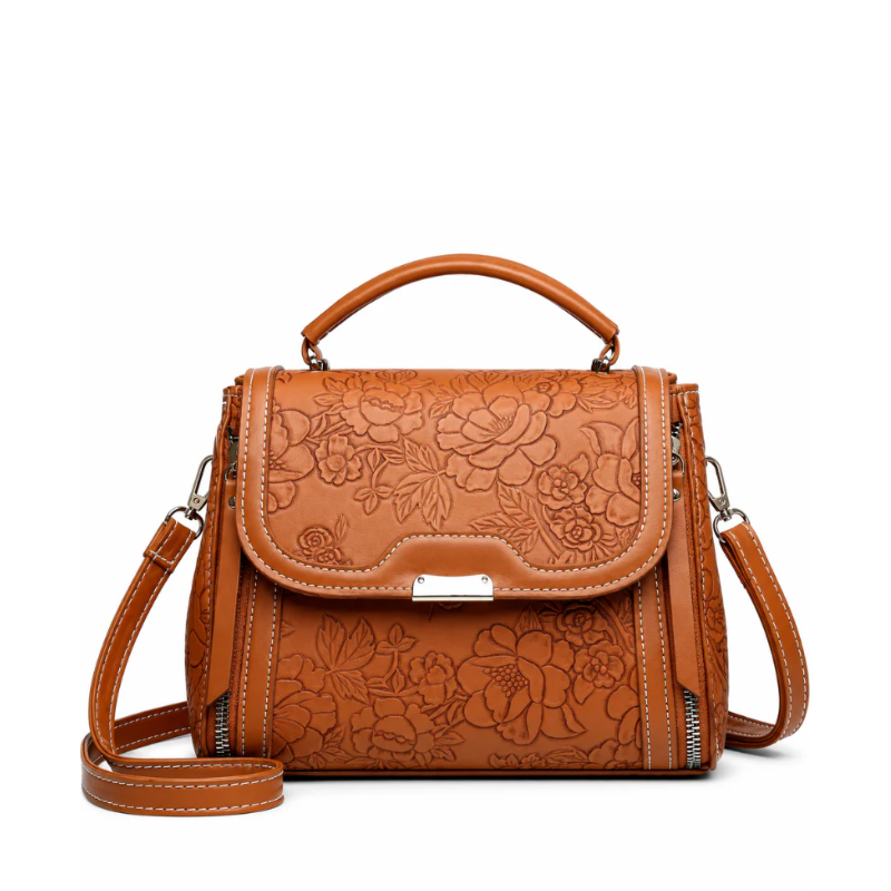 Bolsa Feminina Transversal Pequena em Couro Floral