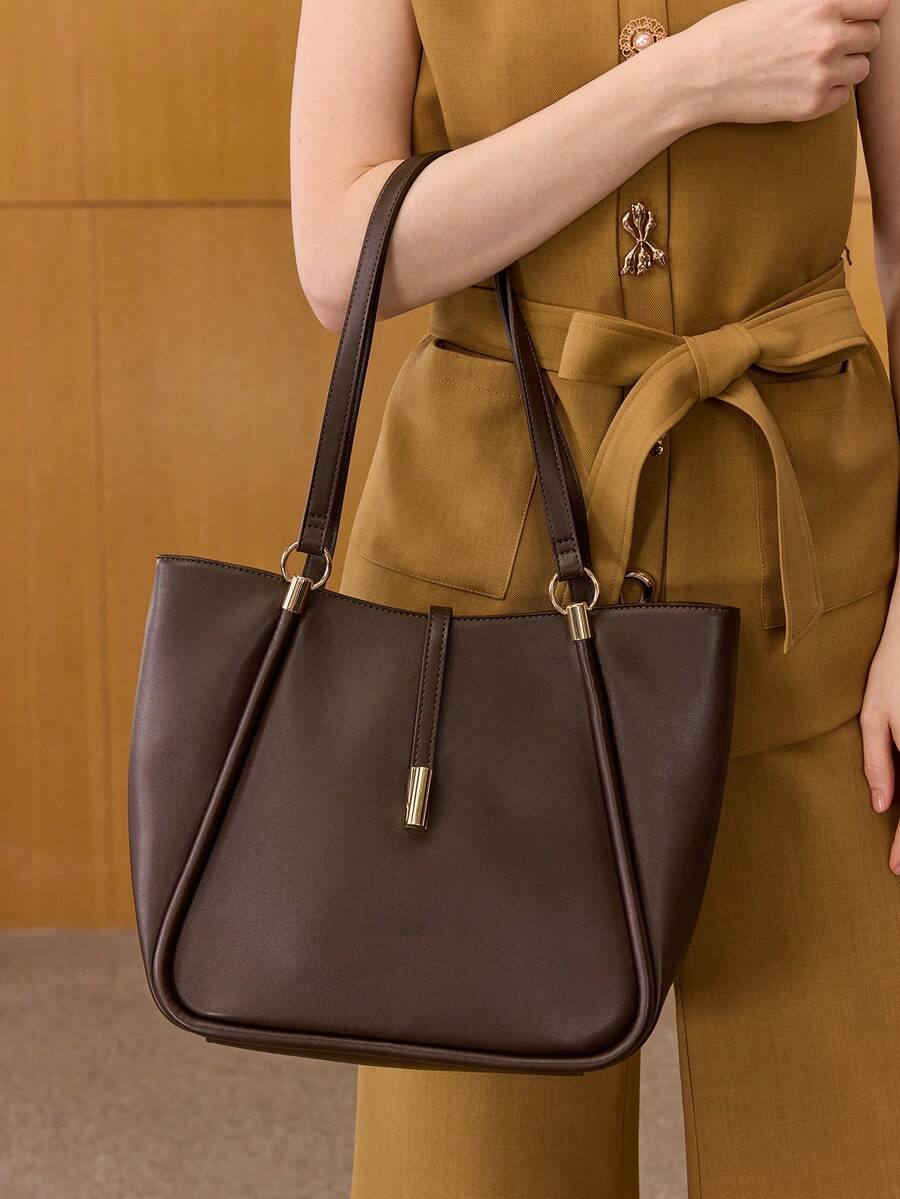 MOTF PREMIUM BOLSA TOTE DE COURO PU COM DETALHES DE FERRAGENS PARA MULHERES