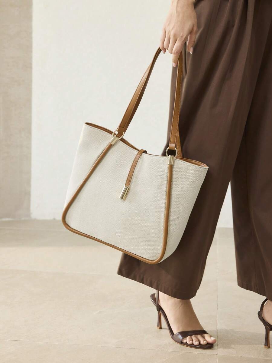 MOTF PREMIUM BOLSA TOTE DE COURO PU COM DETALHES DE FERRAGENS PARA MULHERES