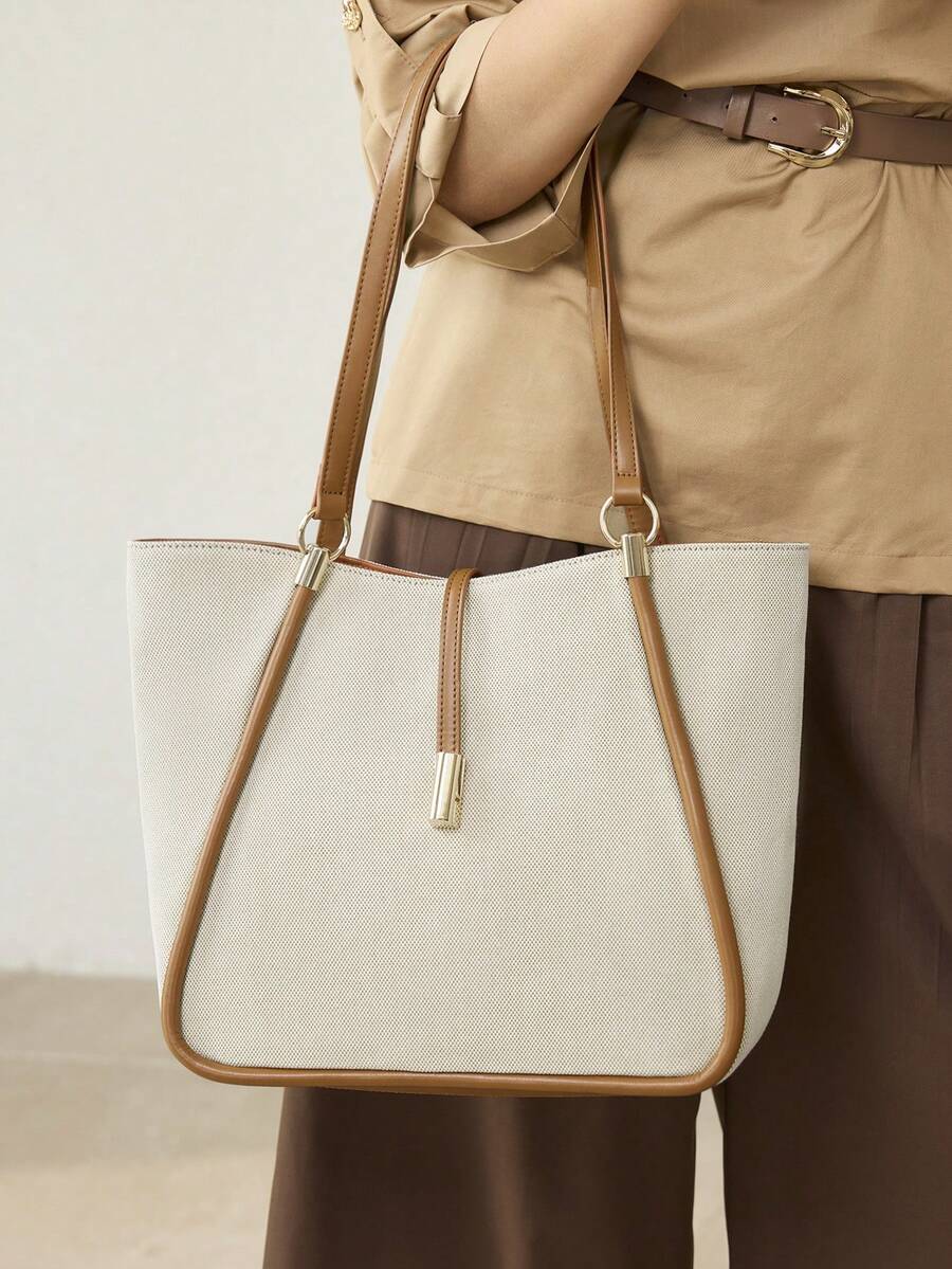 MOTF PREMIUM BOLSA TOTE DE COURO PU COM DETALHES DE FERRAGENS PARA MULHERES